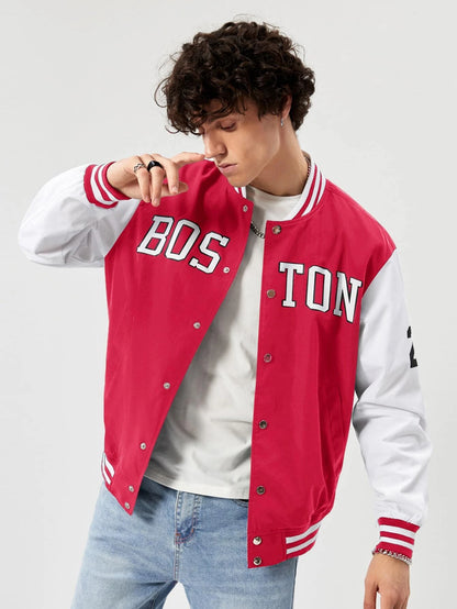 Manfinity Athprep Loose Fit Men'S Letter Graphic Striped Trim Varsity Jacket